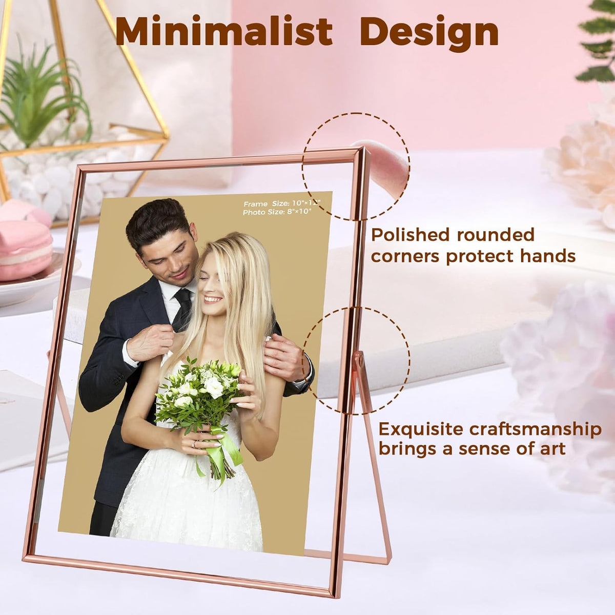Rose Gold Floating Frame, 10"x12", Vertical, For Picture 9x11, 8.5x11, 8x10, Tabletop Shelf Photo