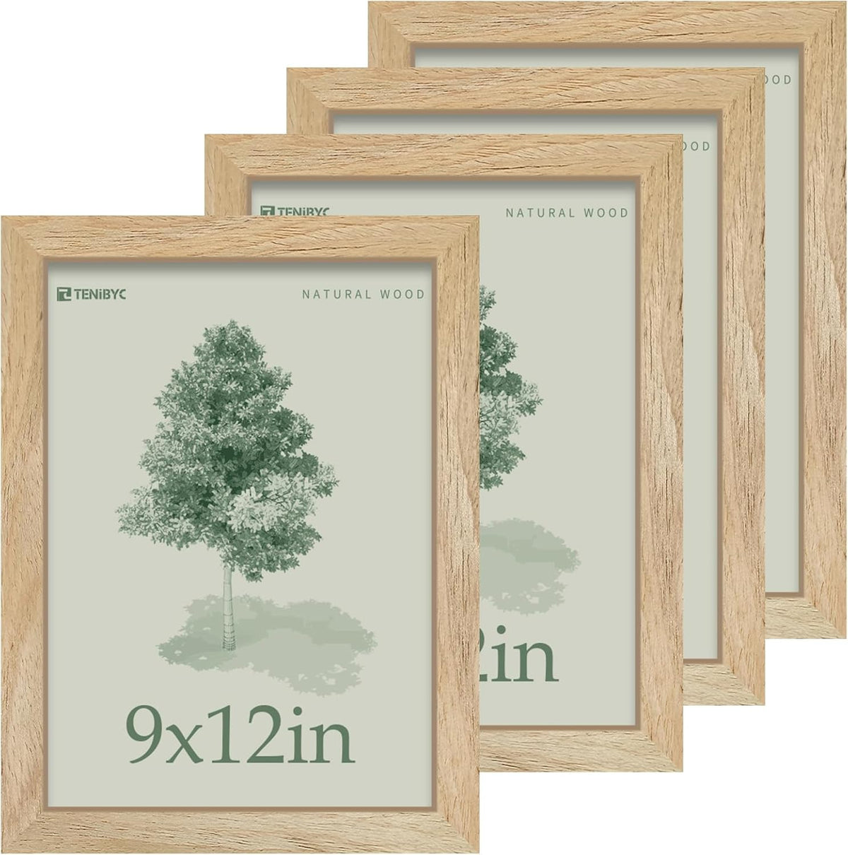 9x12 Frame 4 Pack - Natural Woodgrain, 9 x 12 Picture Frame with HD Tempered Glass, able or Wall