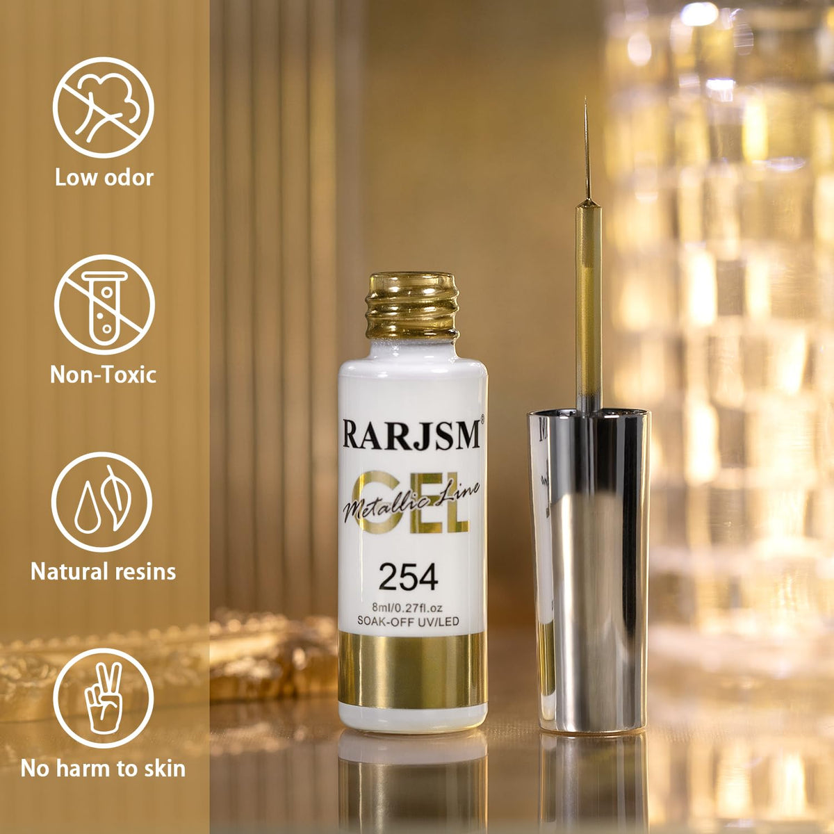 RARJSM Metallic Chrome Gel Liner Nail Art Champagne Gold 3D Mirror Effect Gel Nail Polish 8ml Build