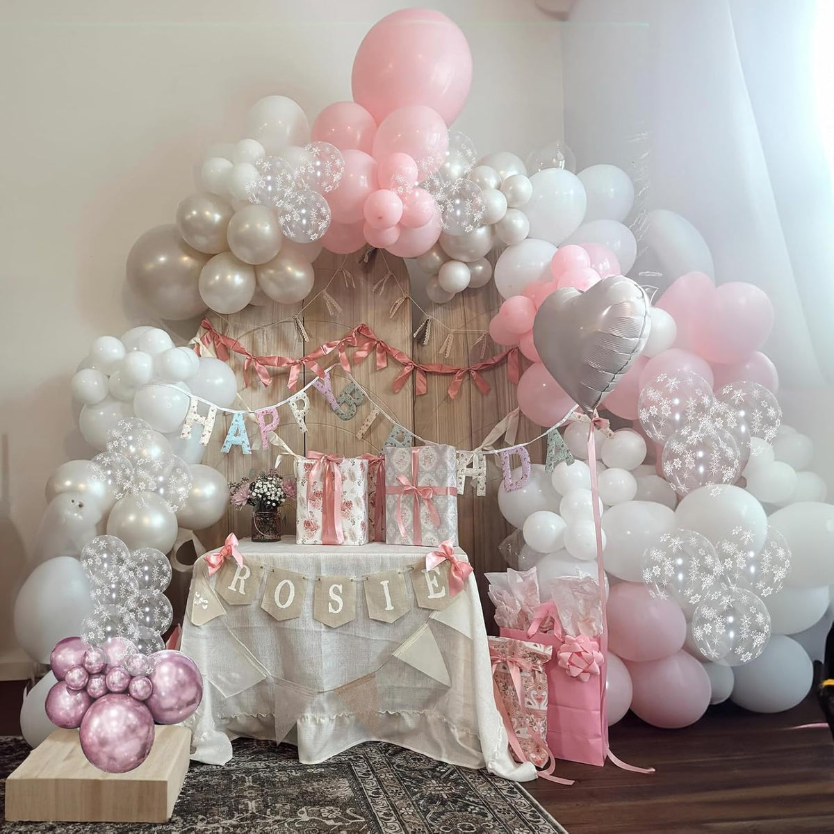 Pink Winter Wonderland Balloons, 50 Pcs 12 Inch Pearl White Balloons Pastel Metallic Pink Balloon