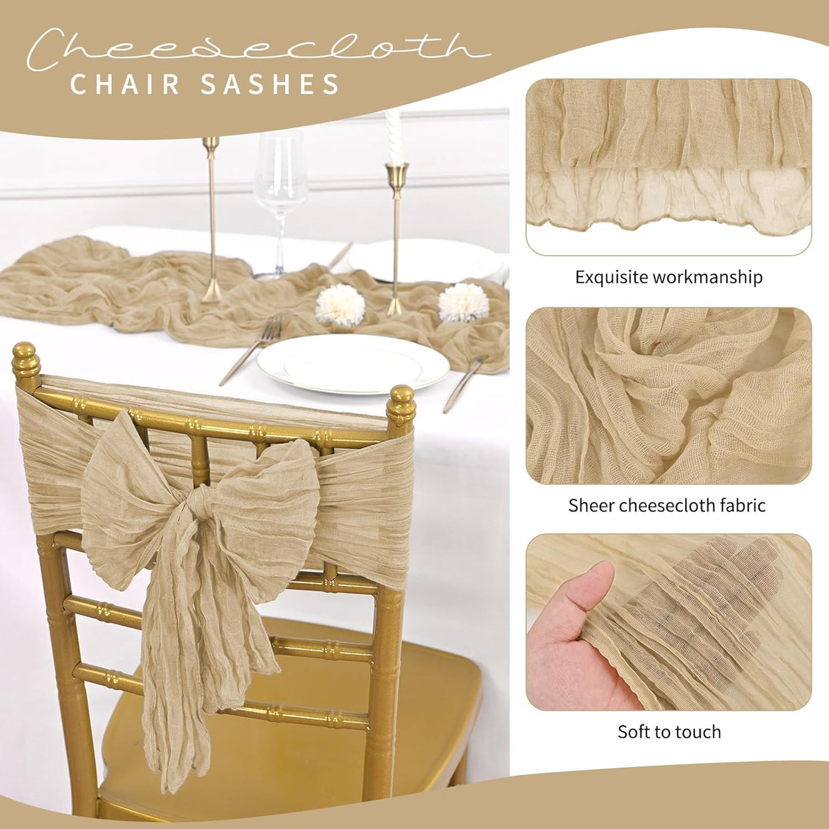 50 PCS Cheesecloth Chair Sashes, Bows Designed ChairSashes, 15.7x70 inch Chair Sashes for Aisle