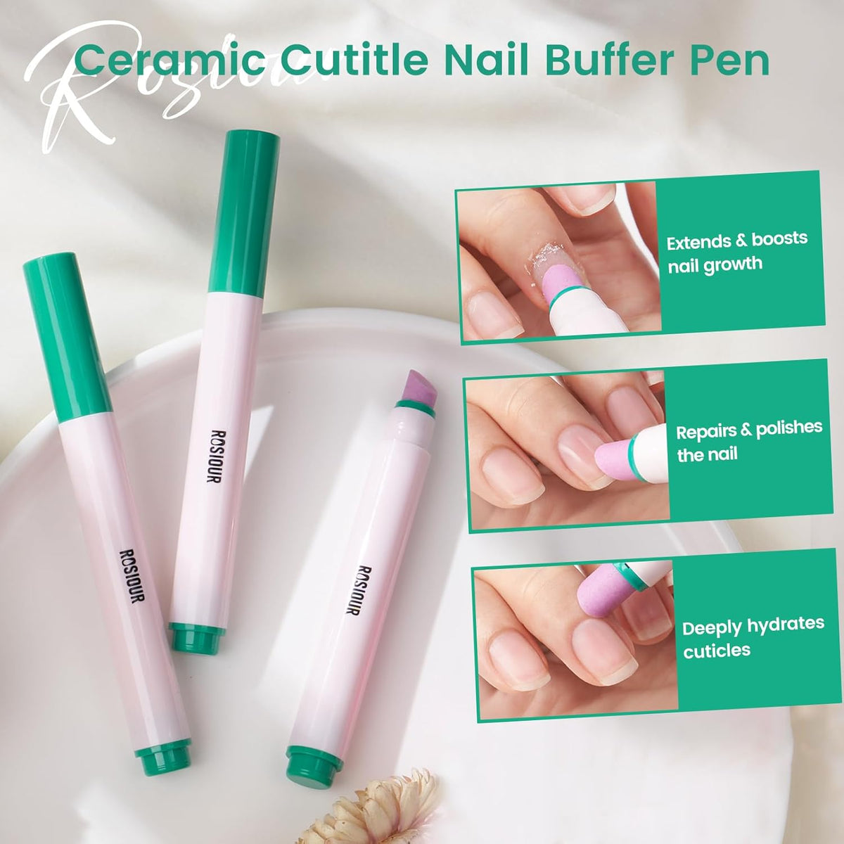 Ceramic Cuticle Oil Pusher Pen: 3-in-1 Nail Cuticle Buffer Pens for Hangnails, Dry & Damaged Nails