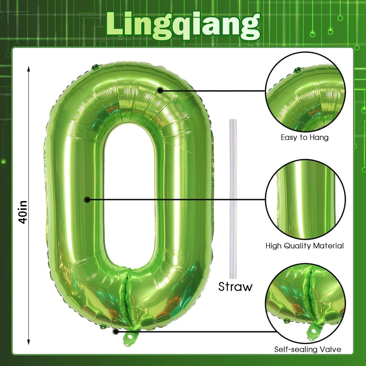 40 Inch Green Large Number Balloons Set 0-9, Self Inflate Foil Number 0 Helium Balloons for Boys