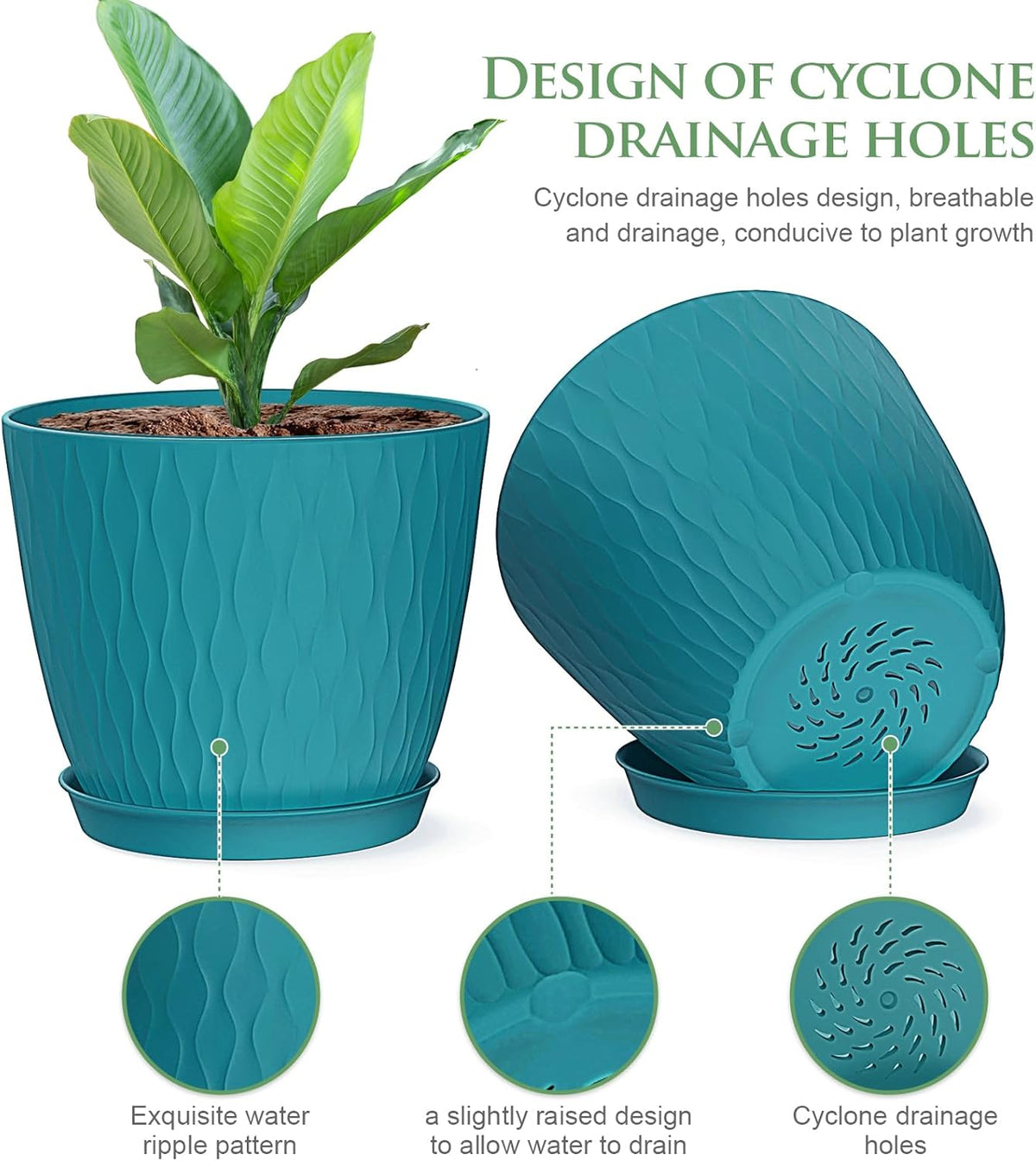 6 inch Plant Pots, 5 Pack Flower Pots with Drainage Holes and Saucers for Indoor Plants, Plastic
