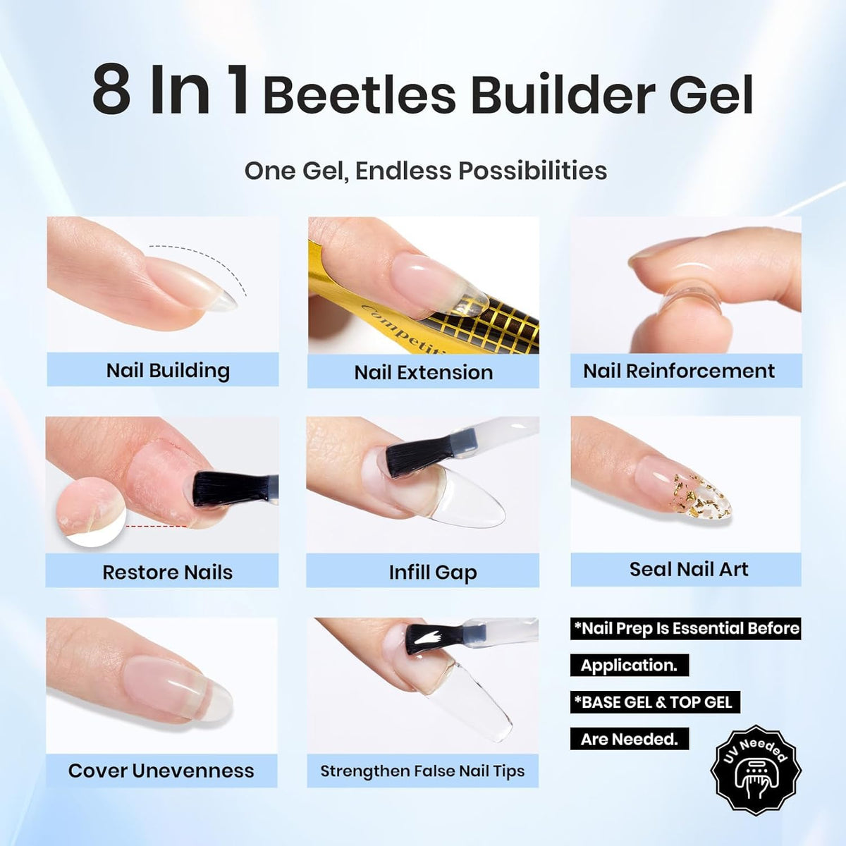 Beetles Builder Gel & Gel Base and Top Coat, 3Pcs 7.5ml Building Gel for Nails Set Shine Finish and