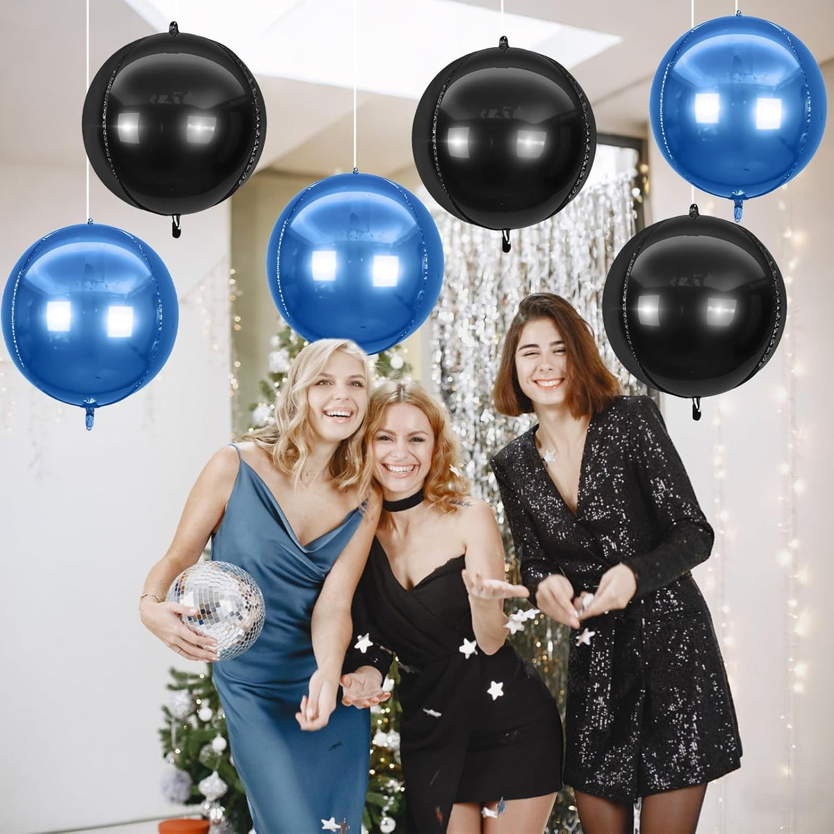 6Pcs Blue Black Round Foil Balloons,Giant 4D Round Ball Balloon,22 Inch Metallic Blue Black