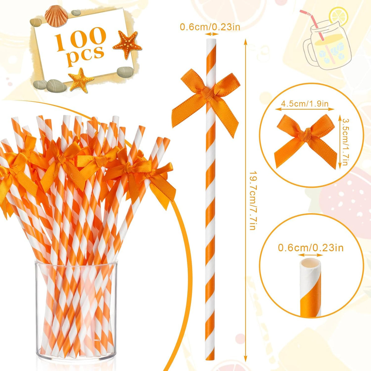 100 Pcs Fall Orange Paper Bow Straws for Drinking, Halloween Disposable Striped Paper Straws Bulk