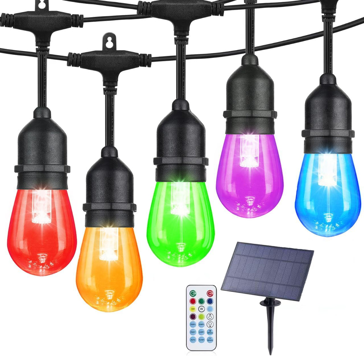 24FT Solar Outdoor String Lights, 12 Shatterproof E26 Edison LED Bulbs, Dimmable RGB Color Changing