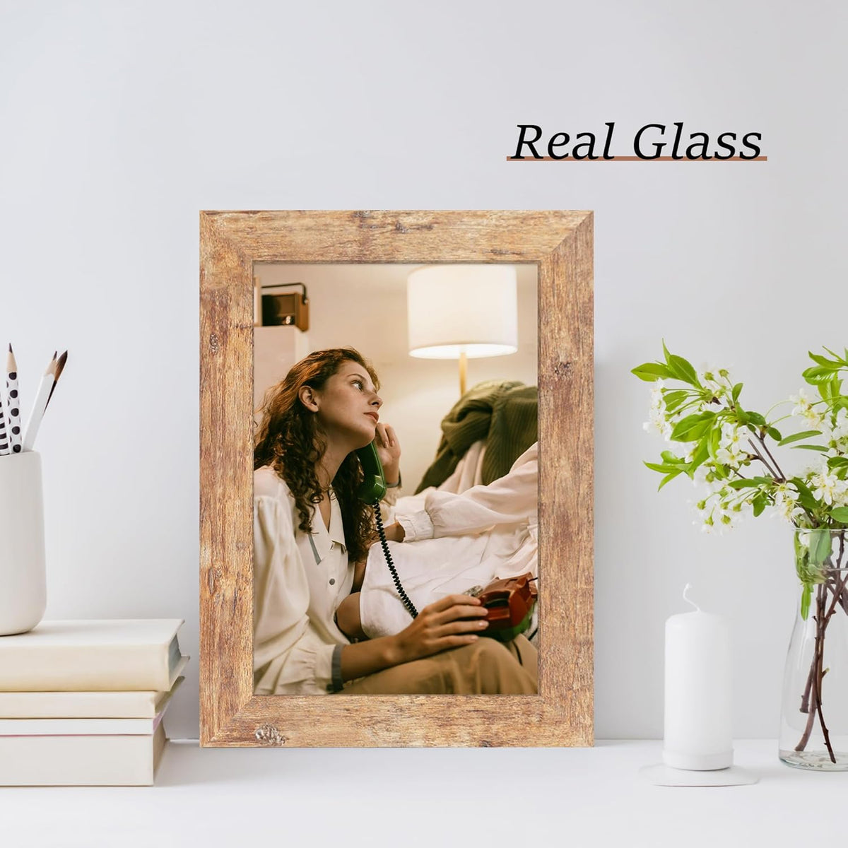 6x9 Picture Frame Set of 4, High Definition Real Glass Rustic Brown Frame, 6 x 9 Wood Photo Frames