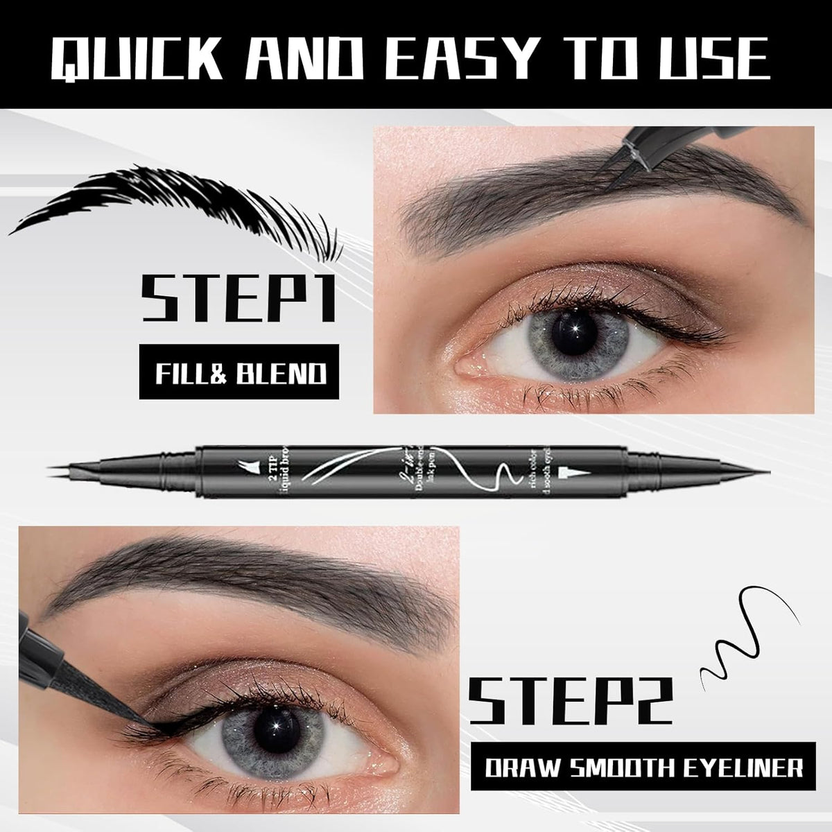 Curved 2 Tip Eyebrow Pen-Black Eyebrow Pencil With Black Eyeliner 2-in-1 Dual-Ended Create Natural