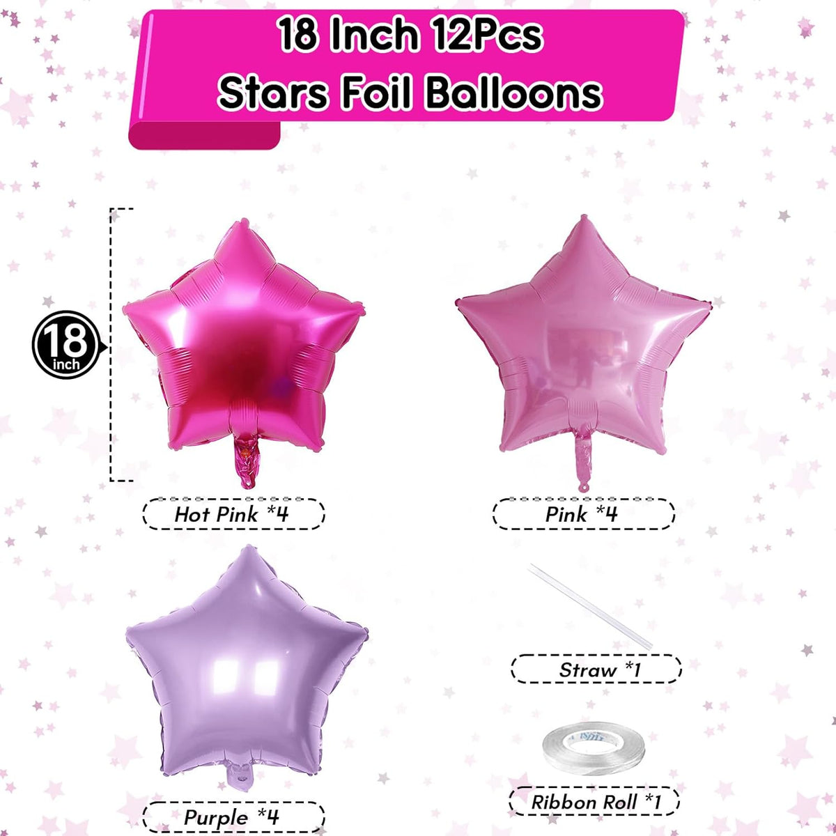 Purple Pink Star Foil Balloons Set, 18 Inch 12 Pcs Lavender Pink Pentagram Aluminum Foil Balloons