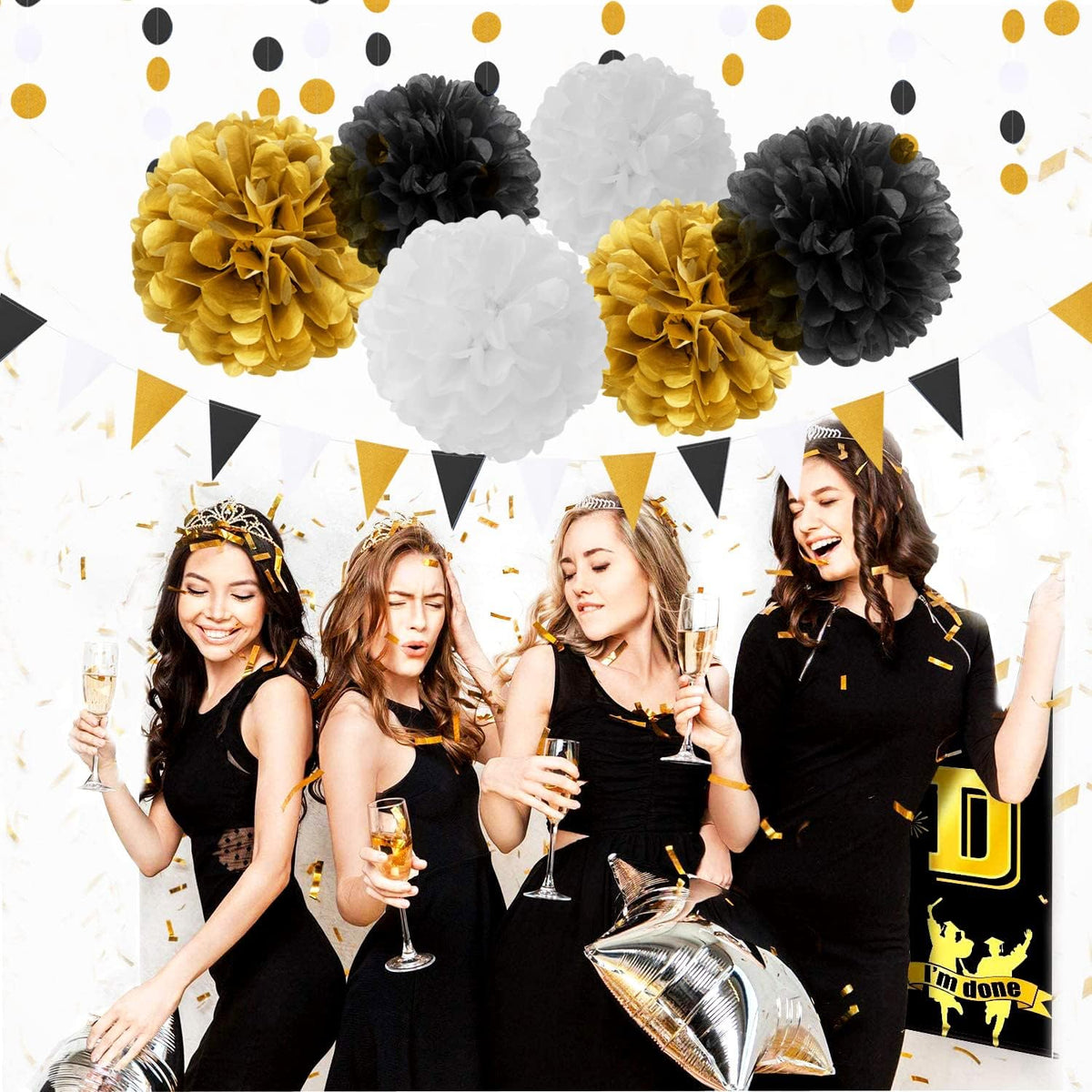 Black Gold Graduation Party Decorations - 23pcs Kits Farewell Tissue Pom Poms Flowers,Streamers