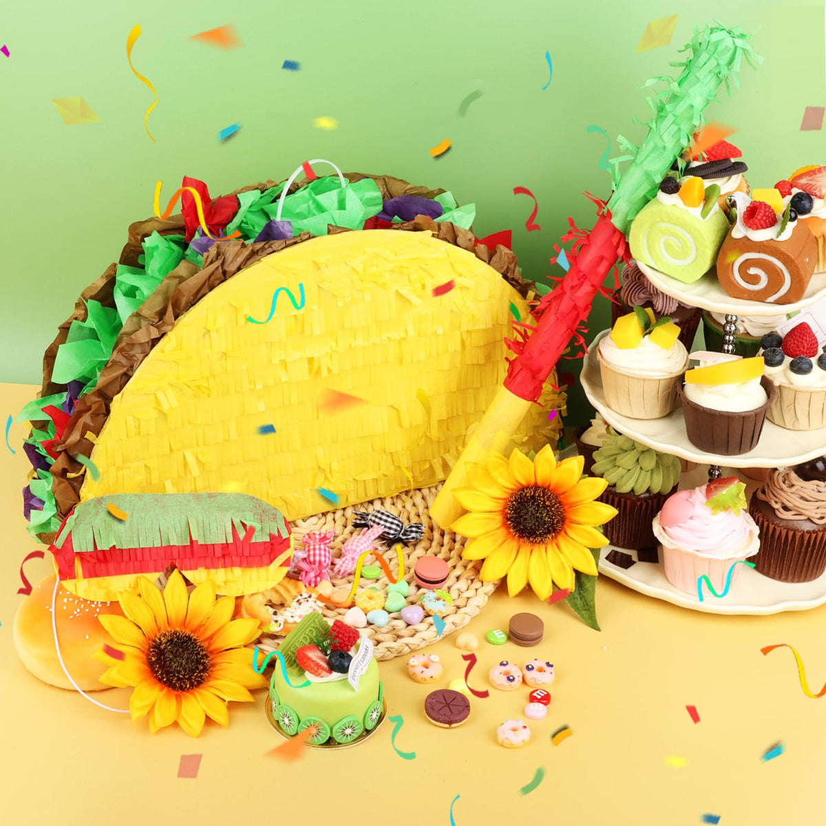 Hooqict Taco Pinata Set Mexican Birthday Party Pinata with Stick & Blindfold for Fiesta Kids Adults