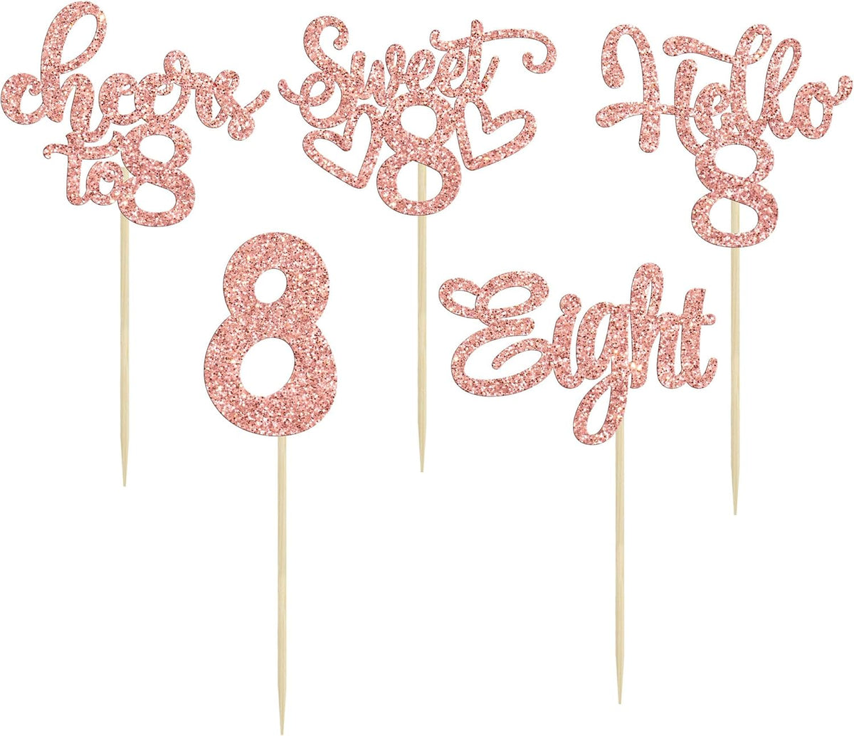 30Pcs 8th Birthday Cupcake Toppers Glitter Eight Hello 8 Cupcake Picks Cheers to 8 Years Old Cake