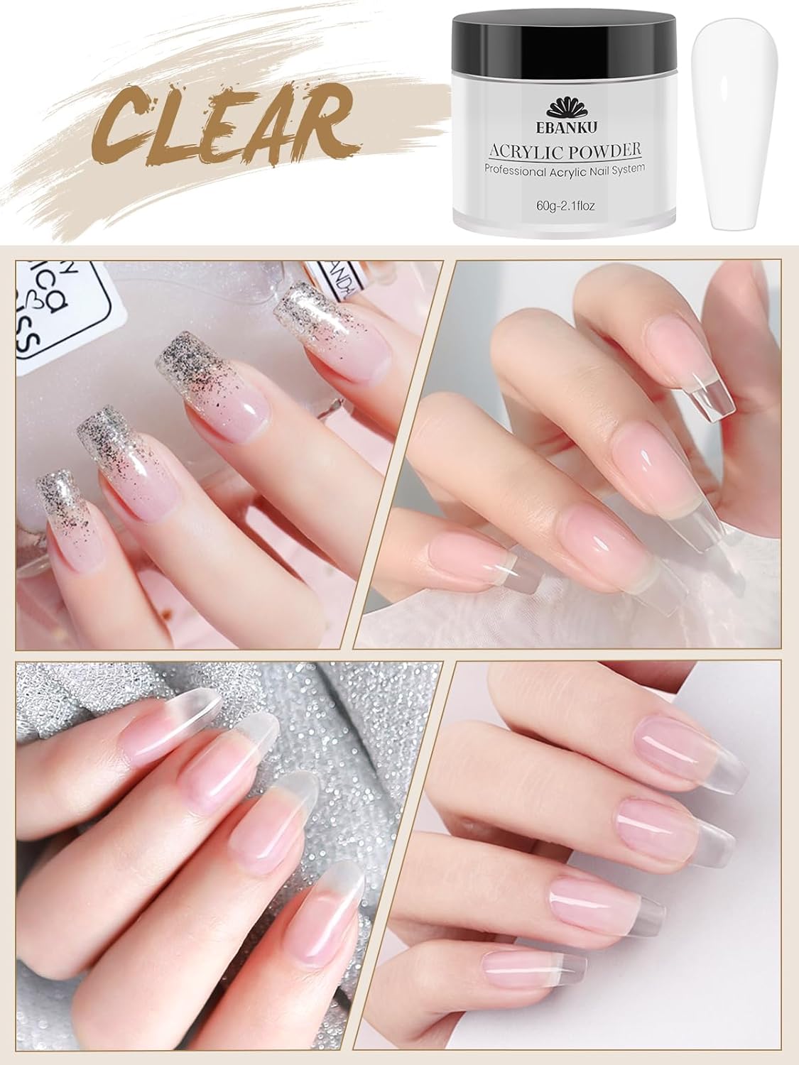 EBANKU 2 Colors Acrylic Nail Powder Set, White Clear Acrylic Powder Professional Nail Acrylic