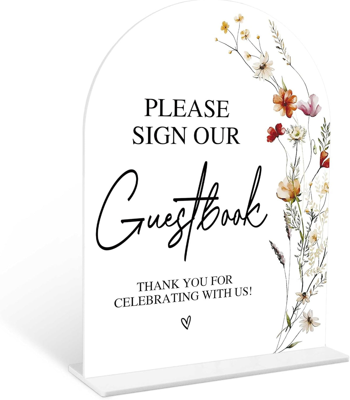 Boho Floral Please Sign Our Guestbook Sign, 6 x 8 Inch White Arch Acrylic Wedding Sign with Holder