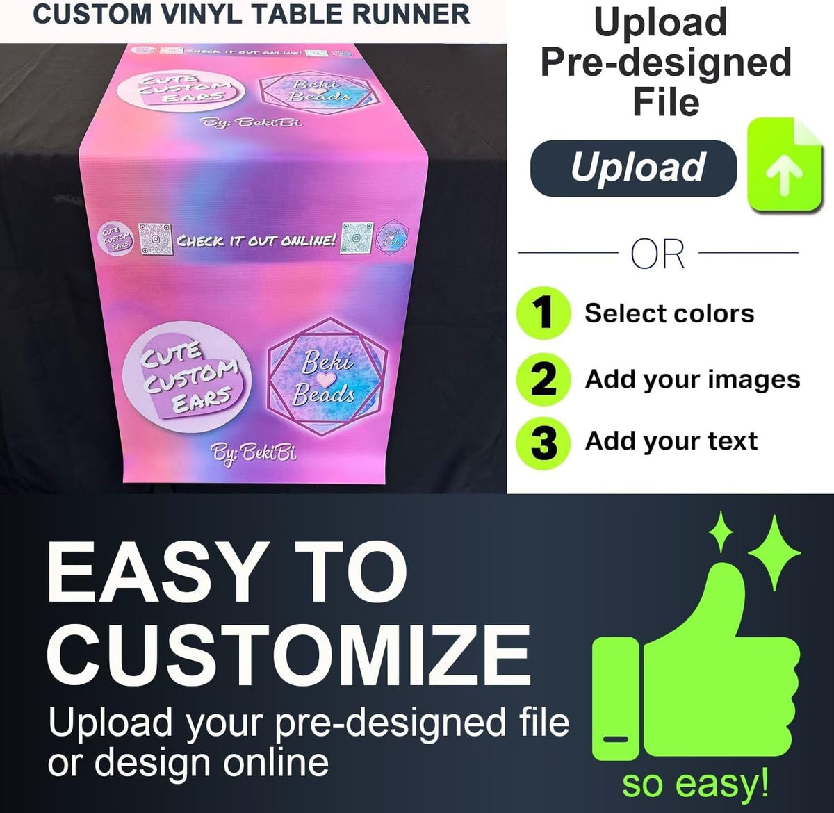 Made in USA - Custom Table Runner with Business Logo 12"x72" to 36"x72", Personalized Table Banner