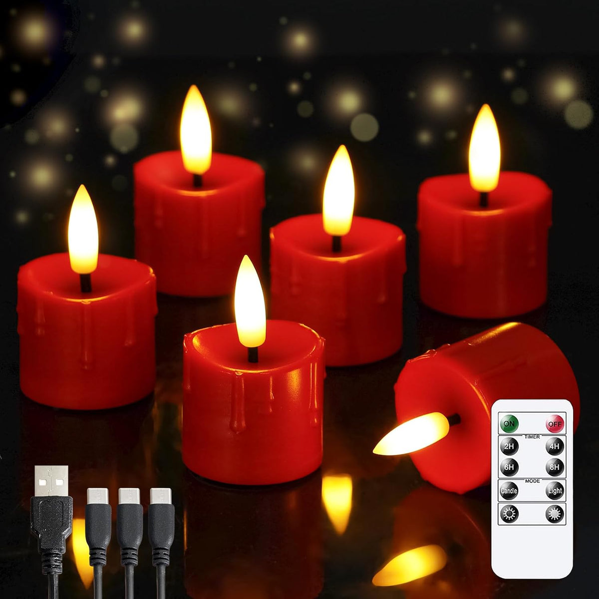 Rechargeable Flameless 1.6" x2.5" Tea Light Candles with Remote & Type-C Charging Cable, Timer LED