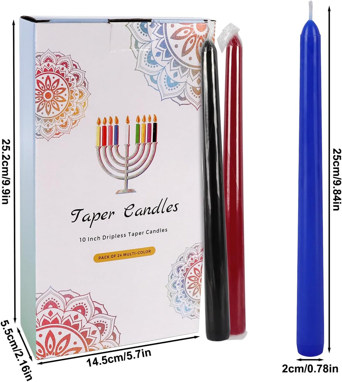24 Pack 10" Tall Colored Taper Candles, Dripless Unscented Colorful Candlesticks for Birthdays