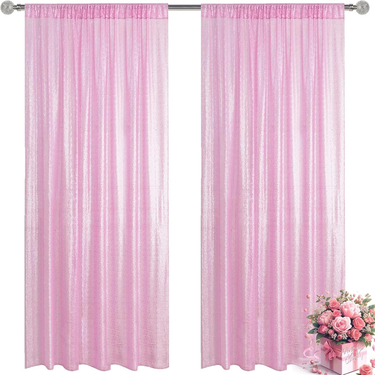 Matte Pink Sequin Backdrop Curtain 2 Pieces 2FTx8FT Glitter Photography Backdrop for Party Wedding