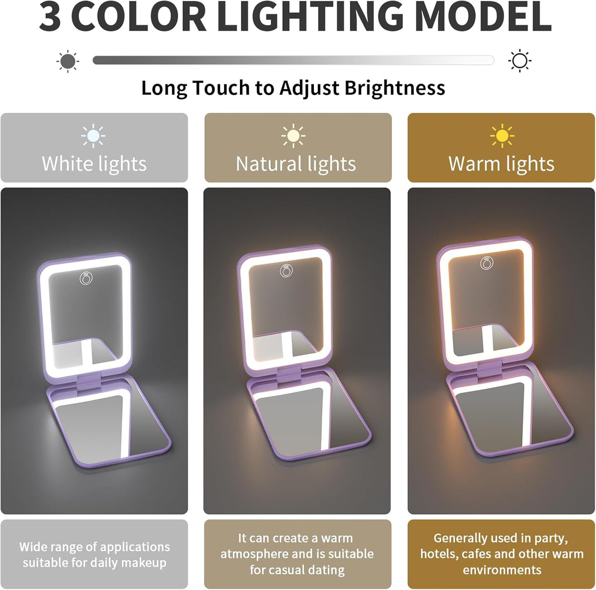 Kintion 2025 Pocket Mirror, Rechargeable Dimmable 3 Color Lighting 1X/3X LED Compact Travel Makeup