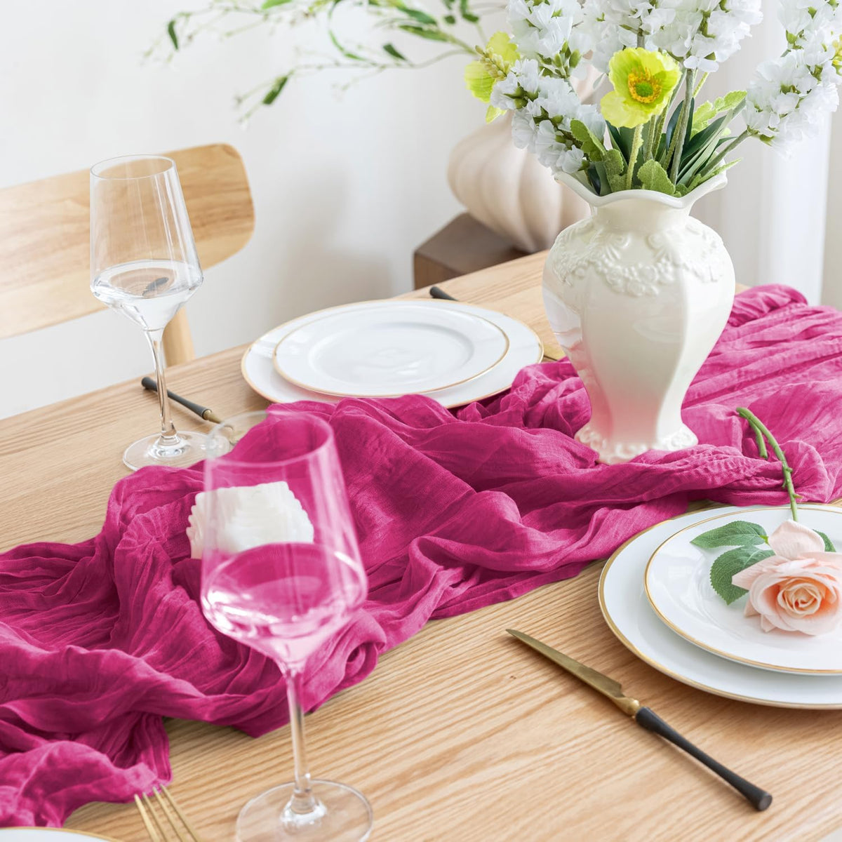 Asee'm 6pcs Cheesecloth Table Runner 120 Inches Long Fuchsia Boho Gauze Cheese Cloth Runner 10FT
