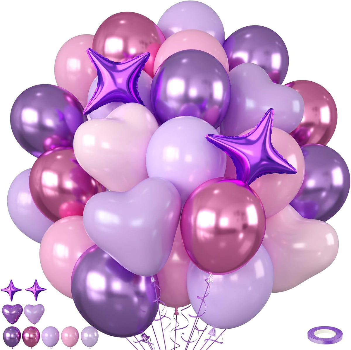Pink and Purple Balloons, 50pcs Pink Purple Balloons With Macaron Heart Latex Balloon, Four Star