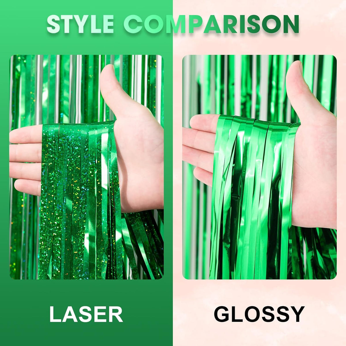 2 Pack Laser Green Tinsel Foil Fringe Curtains, Green Party Decorations, Metallic Tinsel Party