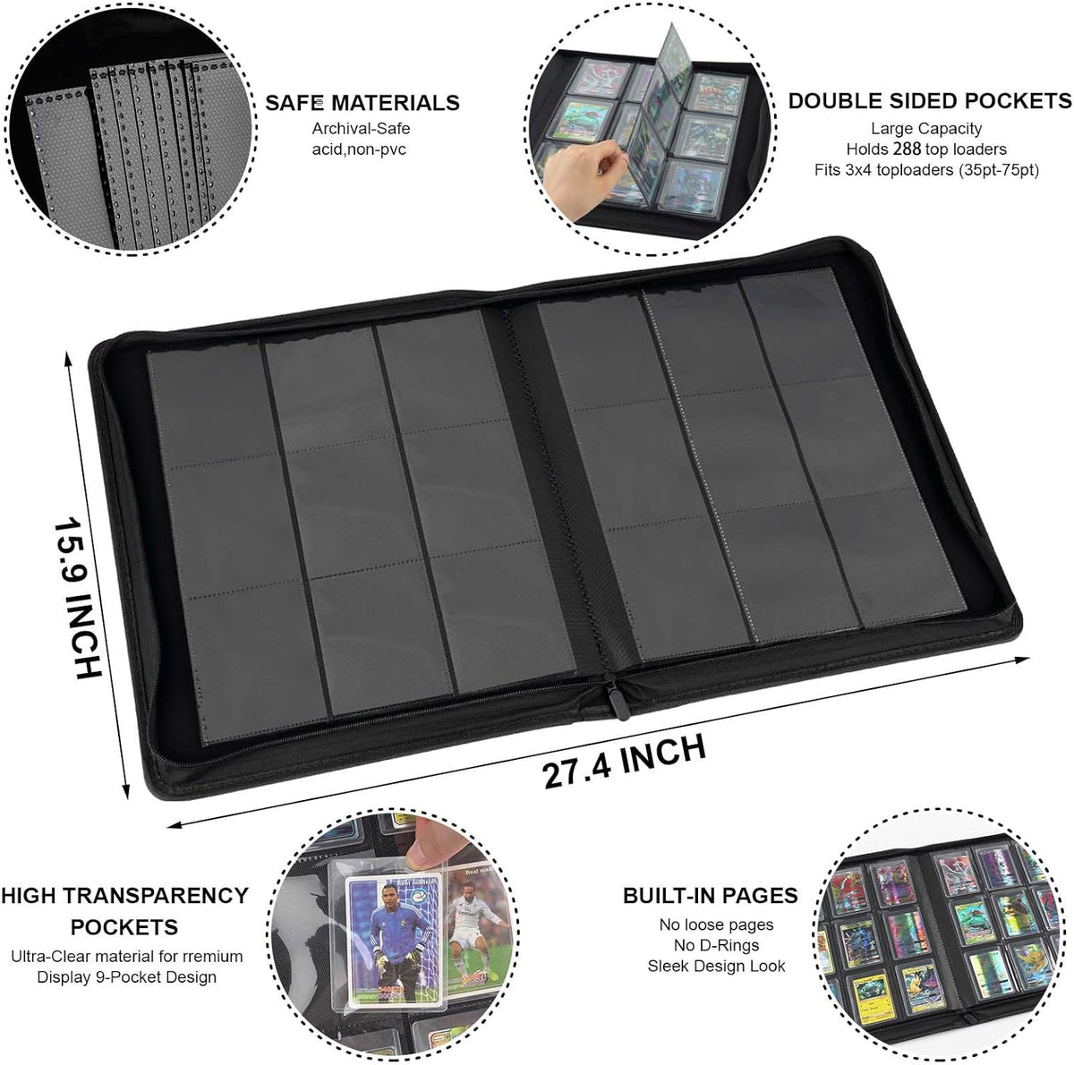 Toploader Binder with 9-Pocket Pages, Holds 288 "3×4" Rigid Toploader Hard Cases, Card Holder for
