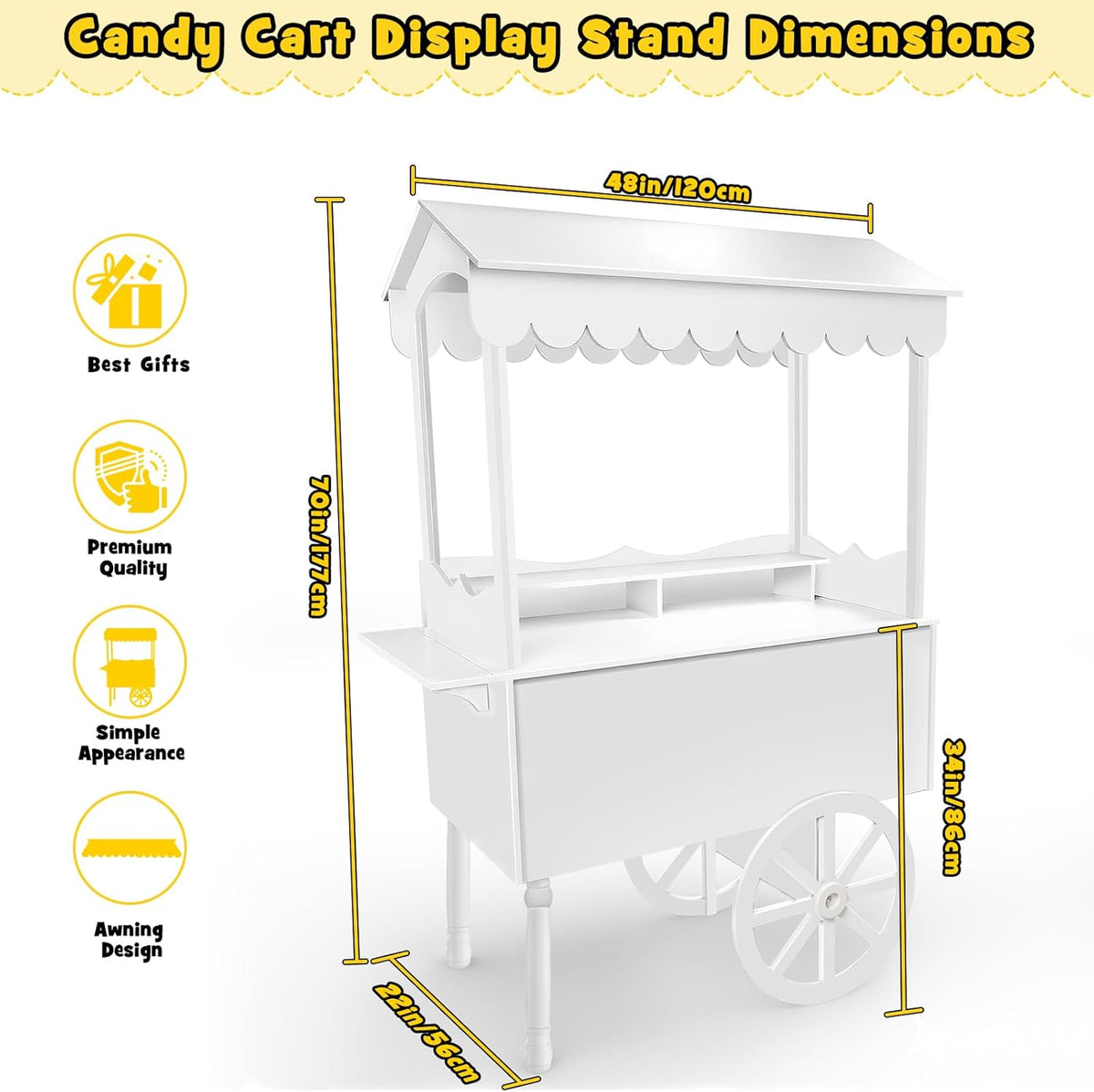 7FT Candy Cart Display Stand with Decorated Wheels, Dessert and Party Decoration Cart with 100