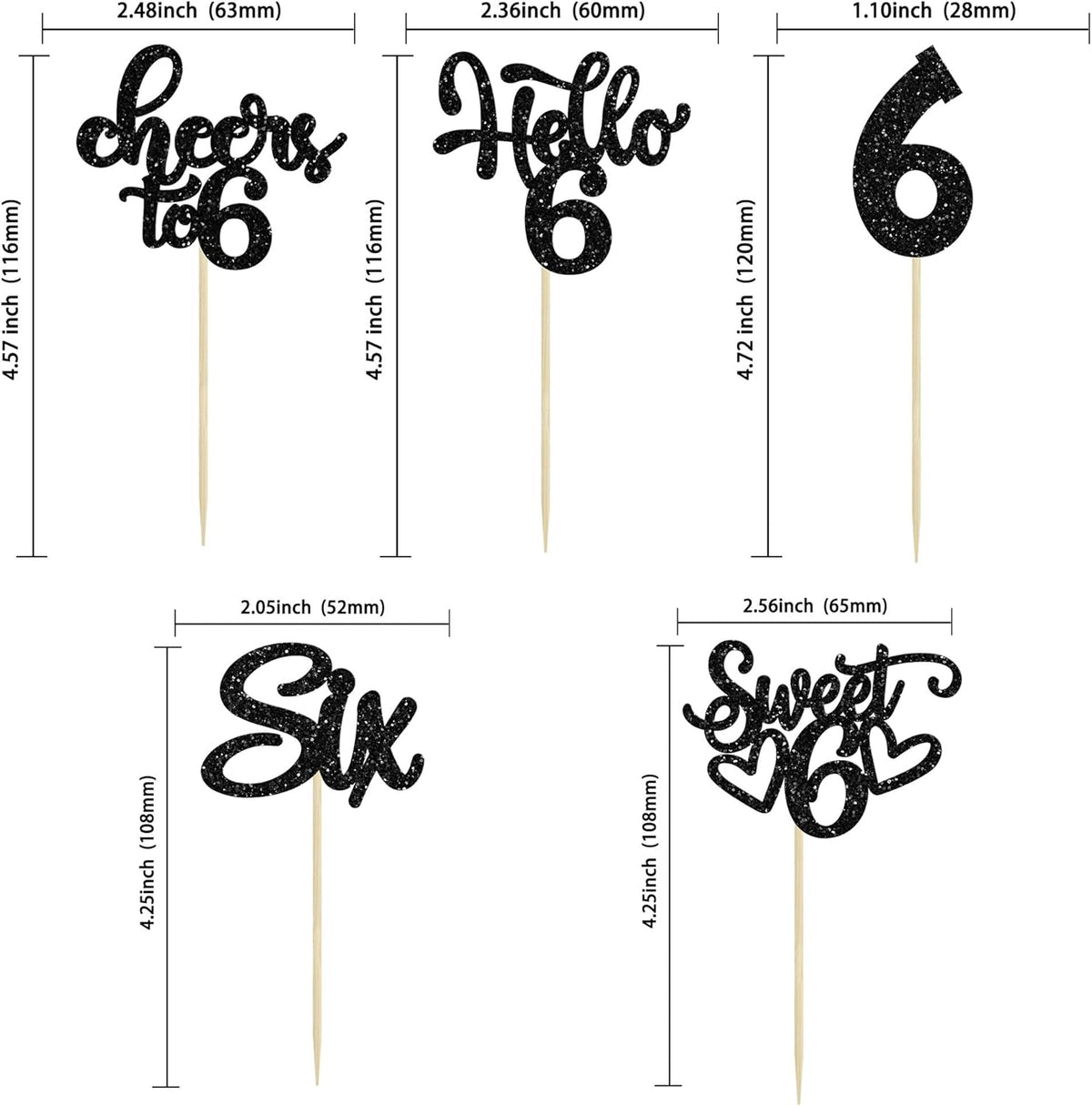 30Pcs 6th Birthday Cupcake Toppers Glitter Six Hello 6 Cupcake Picks Cheers to 6 Years Old Cake