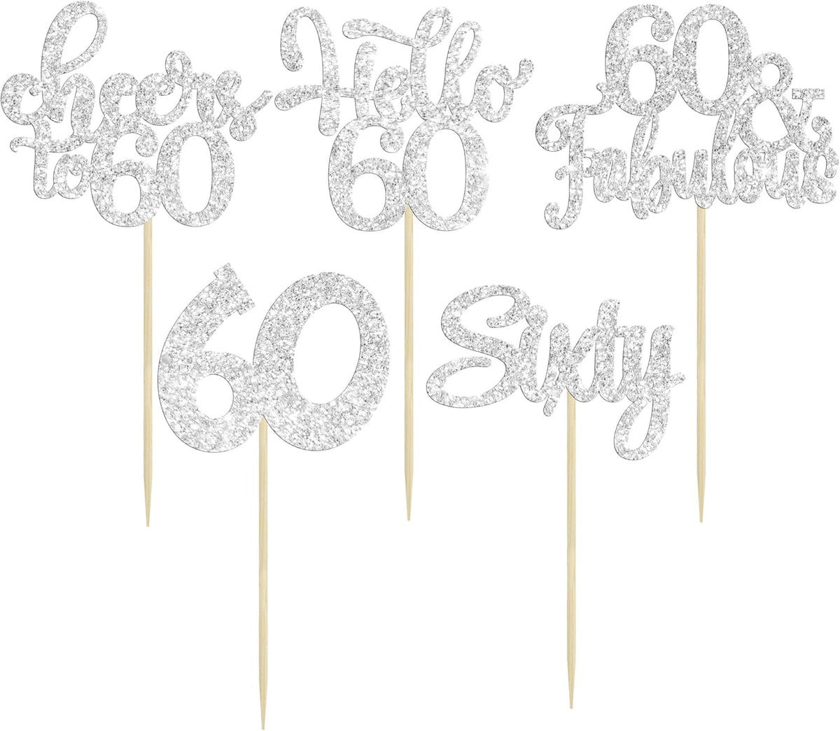 30Pcs Happy 60th Birthday Cupcake Toppers Silver Glitter Sixty Cake Toppers Cheers to 60 Years Old
