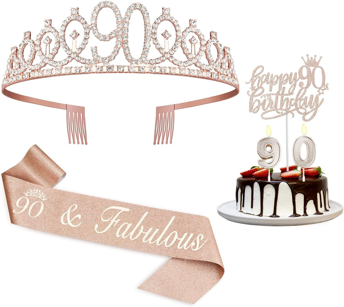 90th Birthday Decorations Women, Including Crown/Tiara, Sash, Cake Topper and Candles, Happy 90th