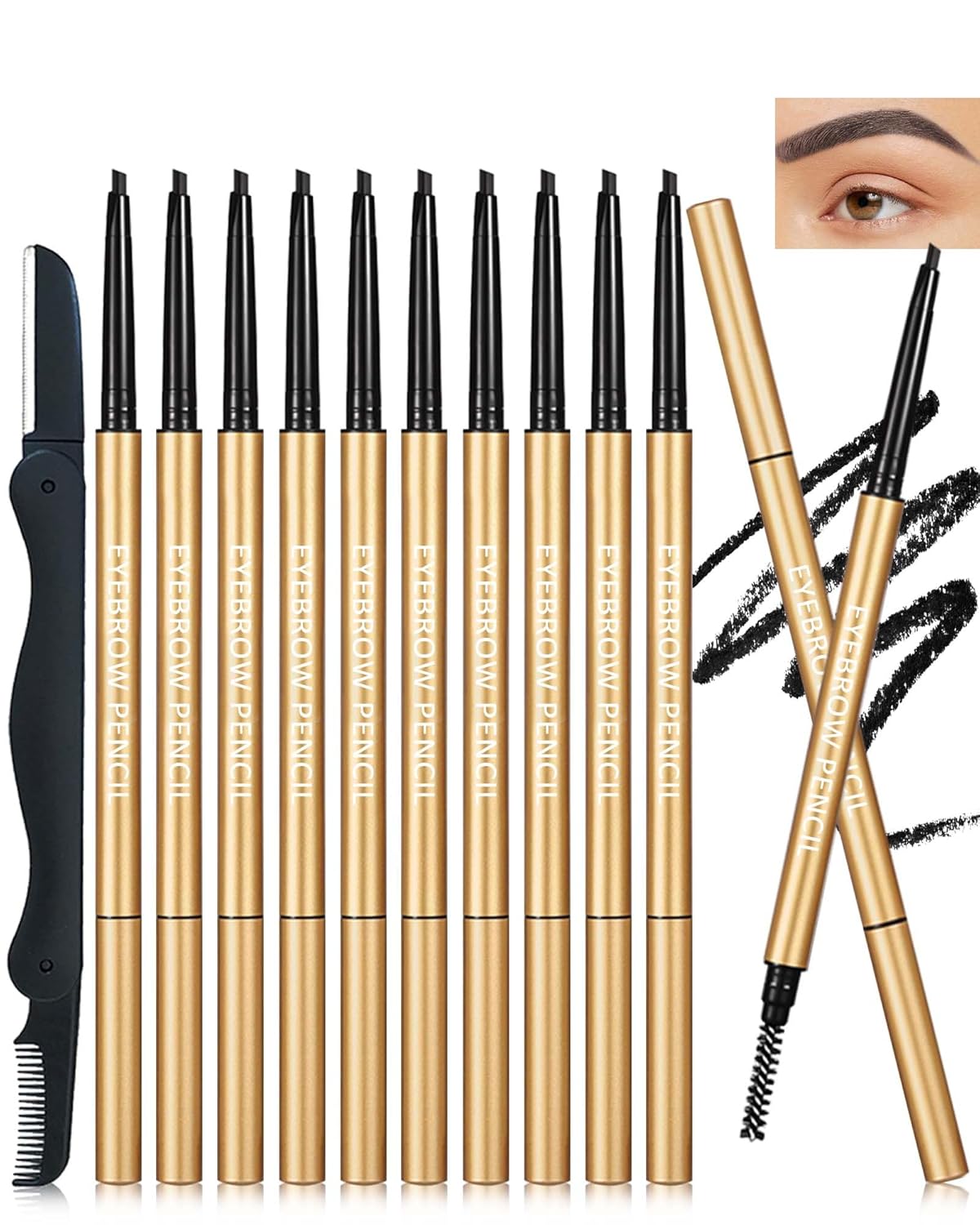 Black Eyebrow Pencil, 12Pcs Black Ultra-Fine Retractable Eye Brow Pencil,Long-Lasting Waterproof
