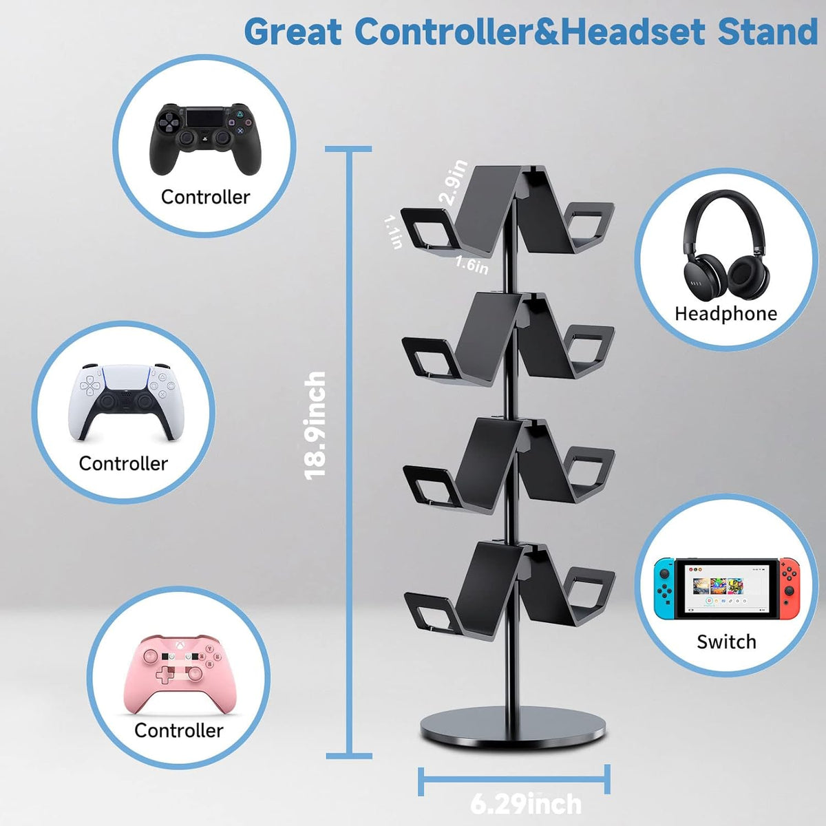 Controller Holder 4 Tier,Headphone Stand - Adjustable Headset Holder for Xbox PS5 PS4 Switch Pro