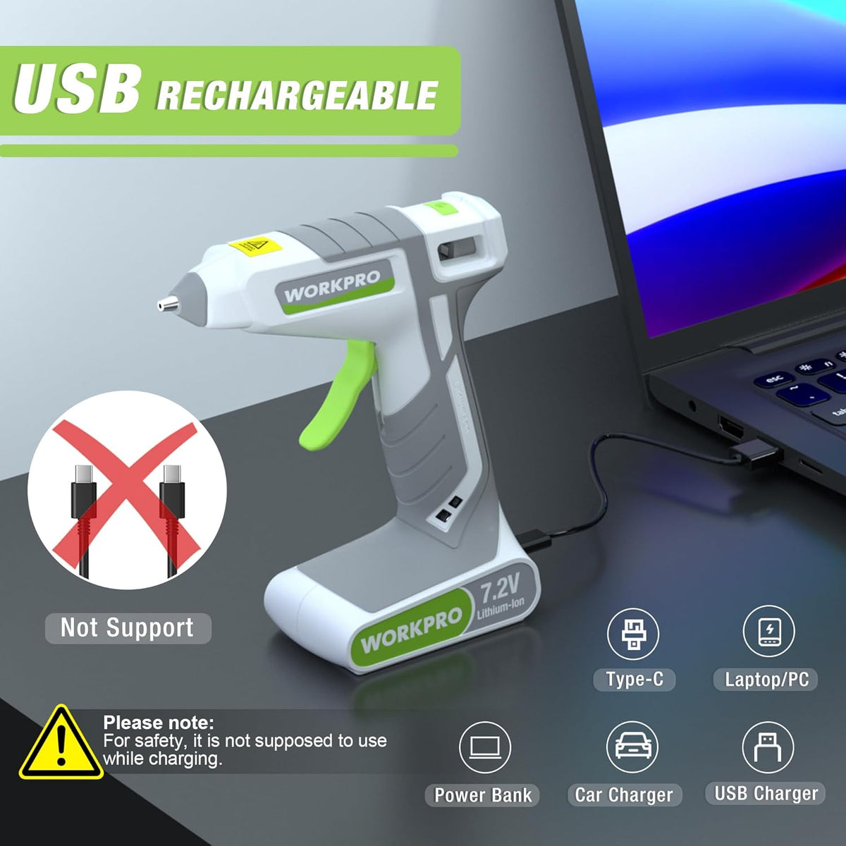 WORKPRO 7.2V Cordless Hot Melt Glue Gun, Rechargeable Fast Preheating Glue Gun Kit with 20 Pc
