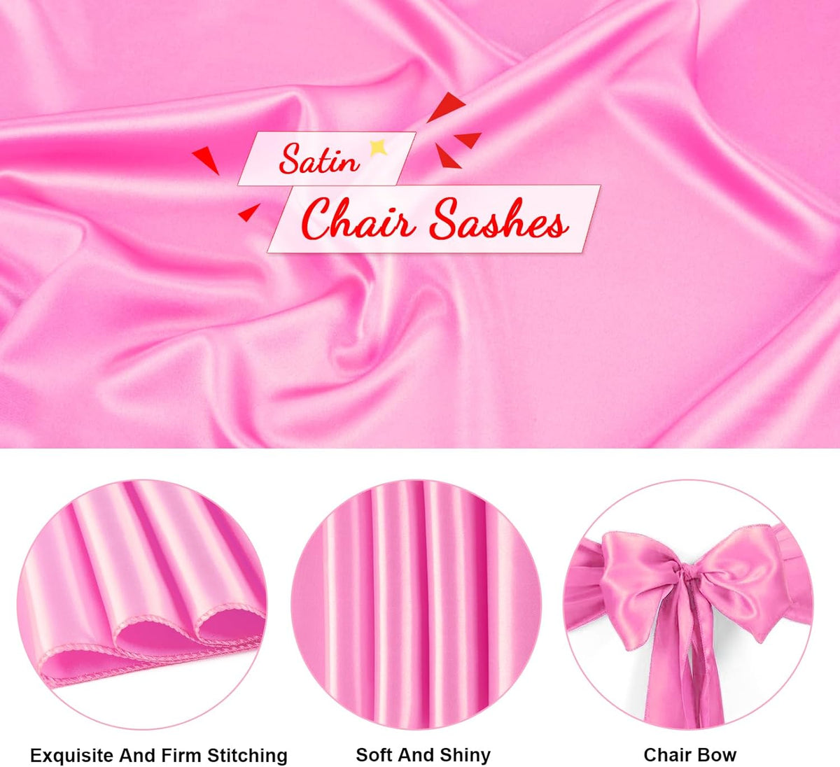 50 PCS Pink Satin Chair Sashes Bows Universal Chair Ribbon Ties Back Sash for Wedding Party
