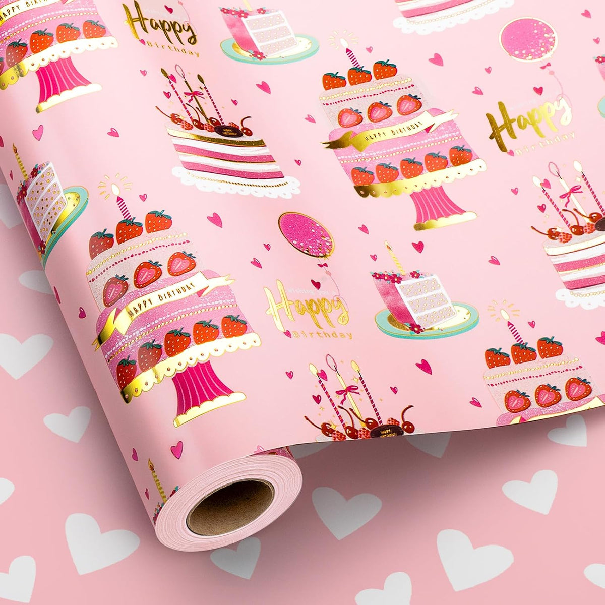 Yarcony Girls Birthday Wrapping Paper Roll, Pink Gift Wrapping Paper,Metallic Foil Pink