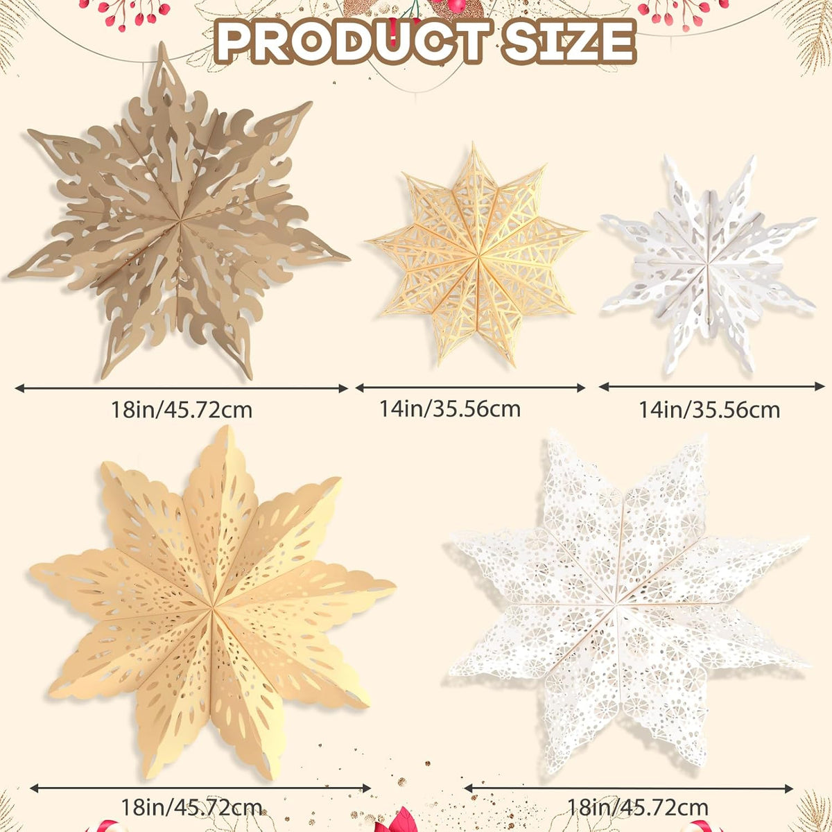5Pcs Christmas Paper Snowflake Lanterns, Large Christmas Paper Star Lanterns with LED Lights White