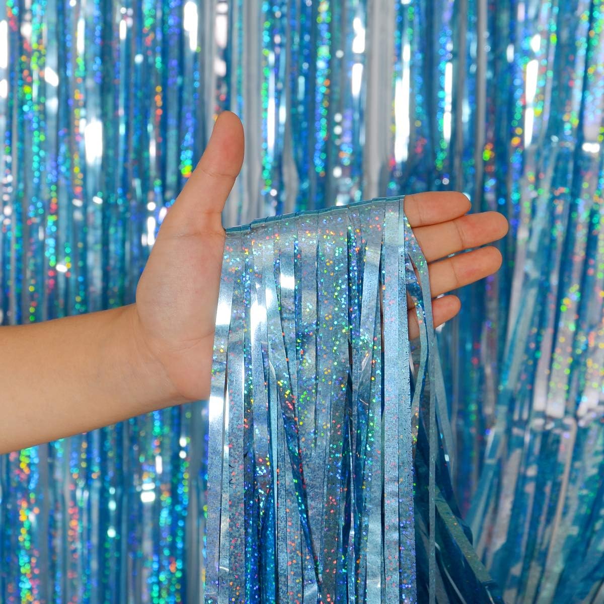 Melsan 2 Pack 3.2 ft x 8.2 ft Tinsel Foil Fringe Curtains Backdrop, Sparkle Metallic Foil Curtains