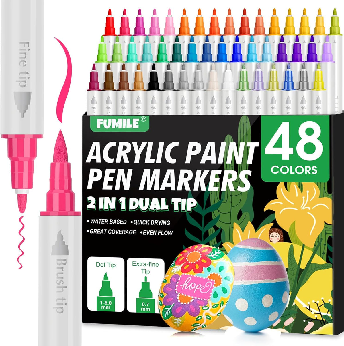 FUMILE 48 Colors Dual Tip Acrylic Paint Pens,Paint Markers With Extra Fine Tip and Brush Tip for