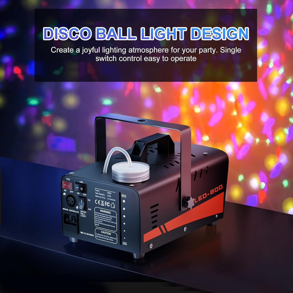 Fog Machine, Halloween Smoke Machine with Disco Ball Lights, 600W and 3000CFM with 13-Color LED