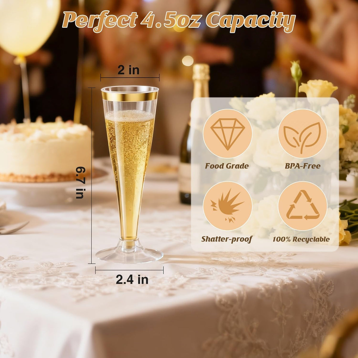 200 Pack Champagne Flutes Plastic Wine Glasses Disposable, 4.5 Oz Gold Rim Mimosa Glasses for 2025