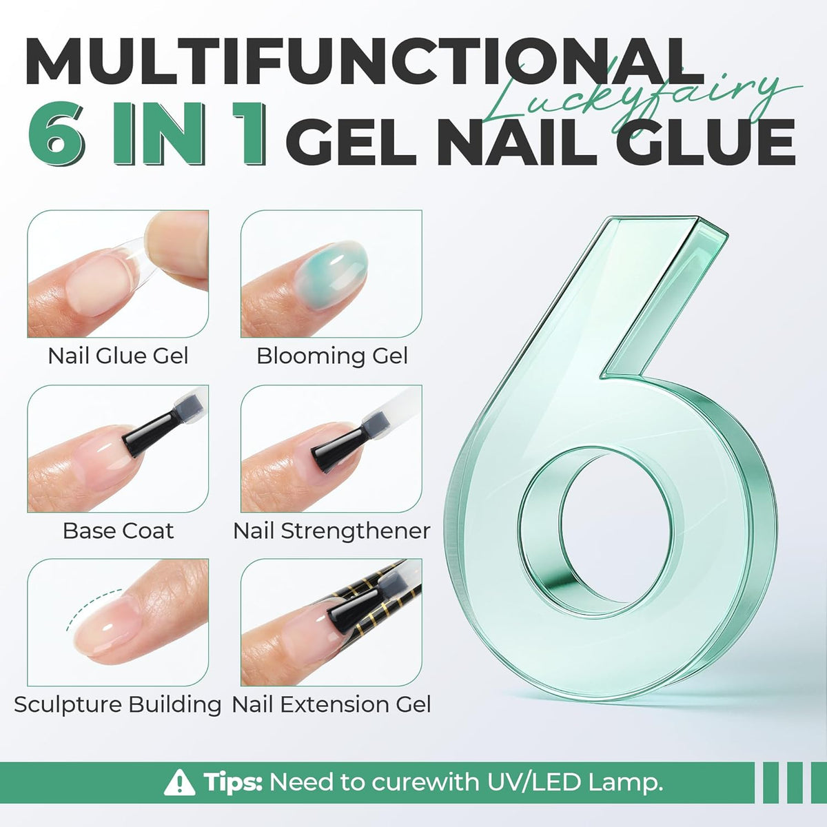 Gel Nail Glue Super Strong: 15ml Nail Glue Gel 6 in 1 for Acrylic Nails Tips and Clear Press on