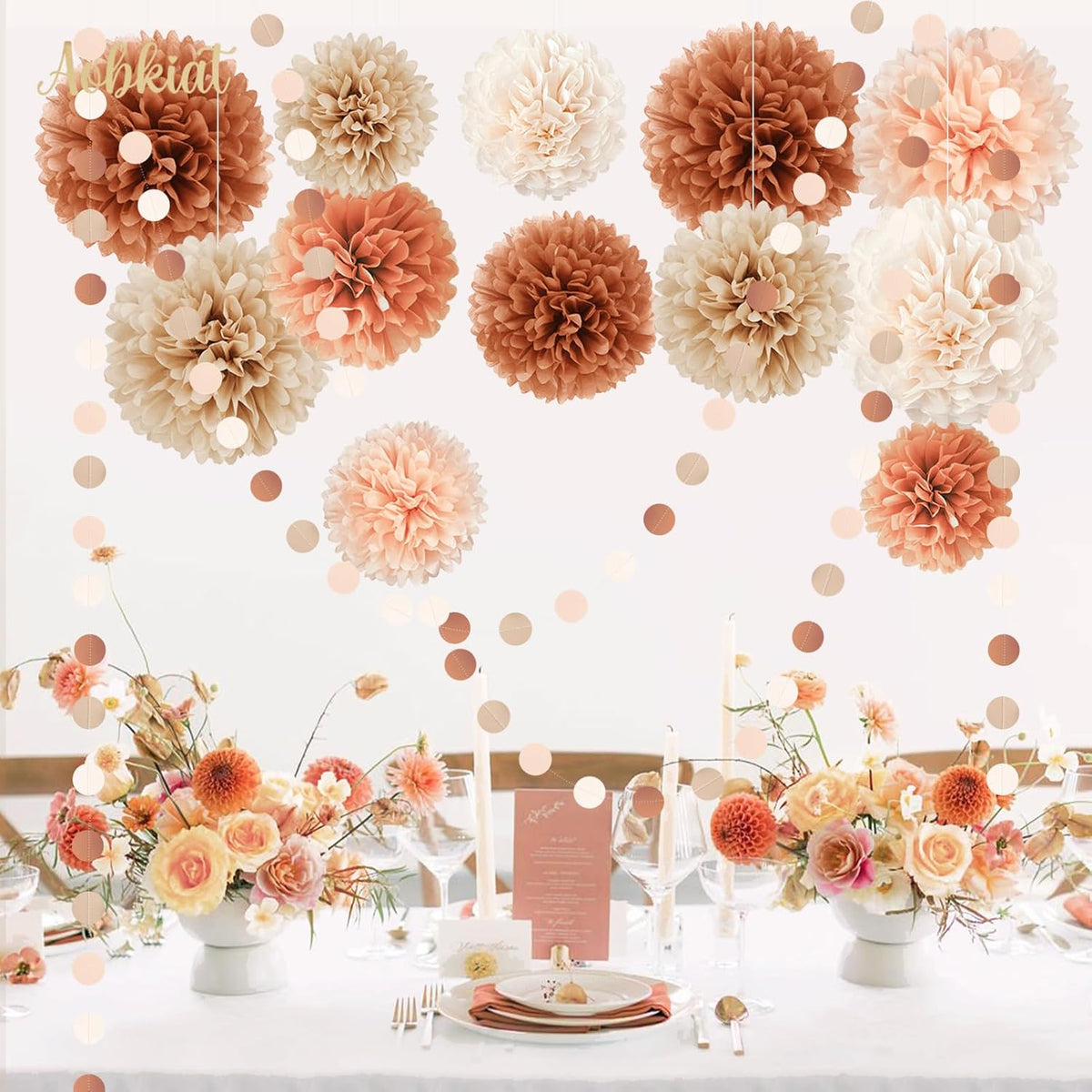 AOBKIAT Boho Fall Wedding Baby Shower Decorations,15PCS Brown Peach Tissue Paper Pom Poms,Circle