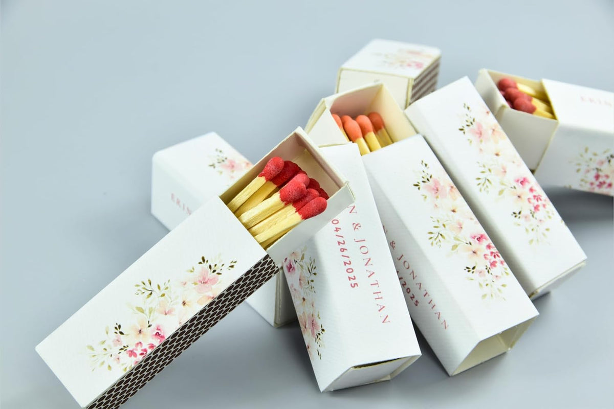 10 Boxes - Customized Matchboxes Colorful Tips (Wedding Design #5, 4" Matchboxes) (2" Matchsticks