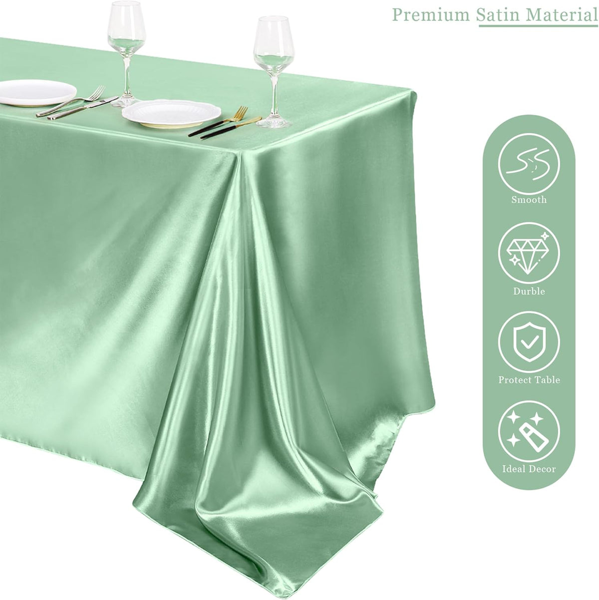 TURSTIN 1 Pack Sage Green Satin Tablecloth 102 x 58 Inch Overlay Satin Table Cover Rectangle Bright