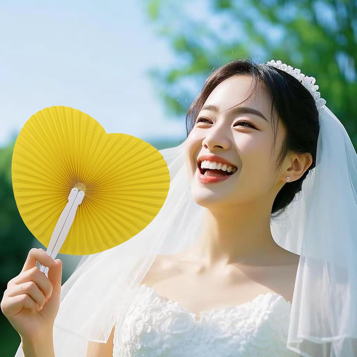 12 Packs Decorative Paper Folding Hand Fans Handheld,Yellow Heart Foldable Wedding Fans Chinese and