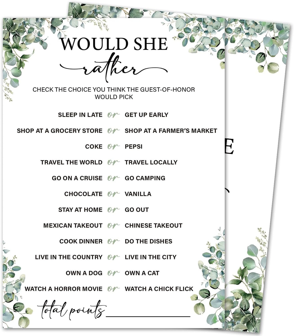 Eucalyptus Bridal Shower Game Cards - Would She Rather, Wedding Engagement Bachelorette Party