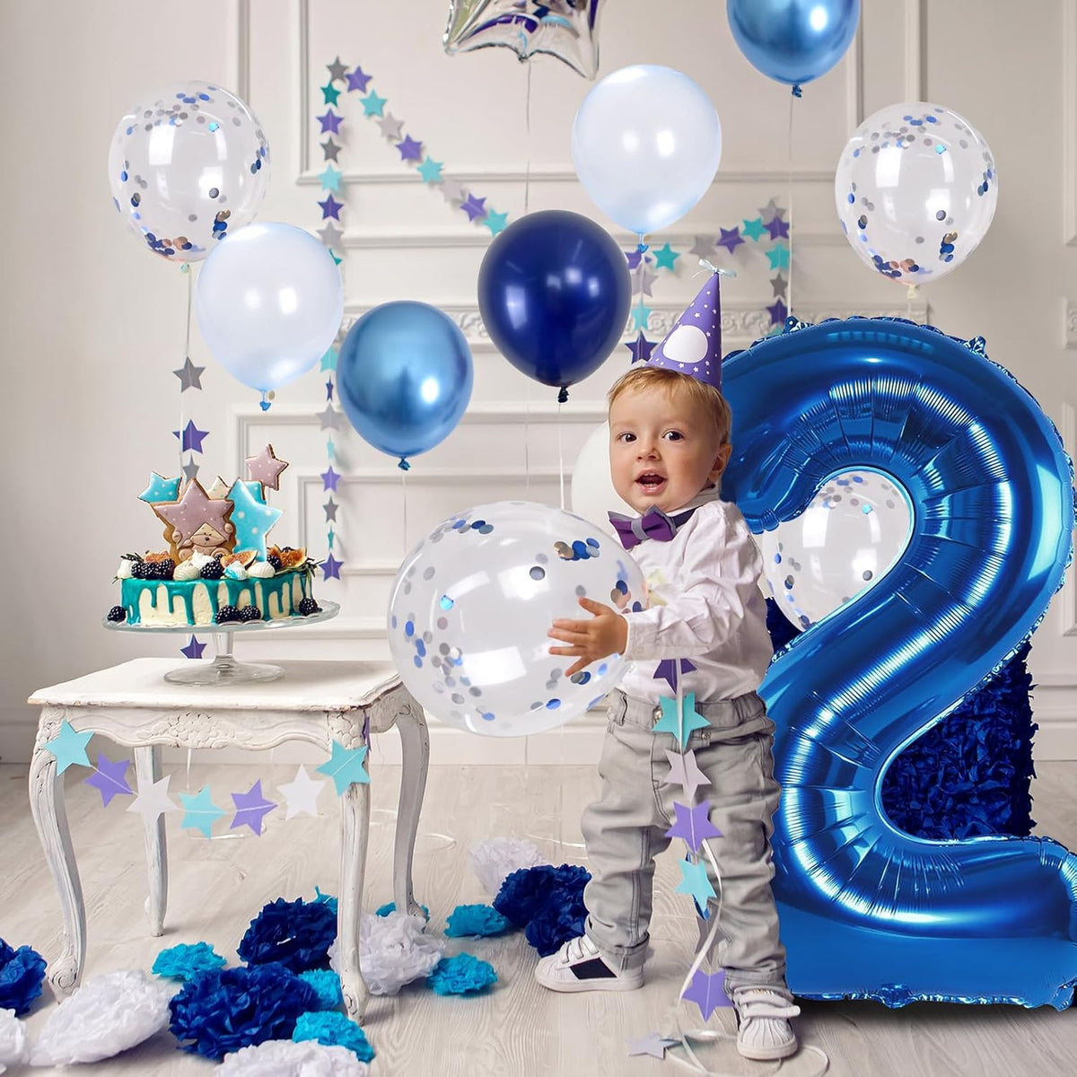 Foil Number Balloons - 2nd Birthday, Pastel Helium Balloons, 40 inch, Navy, Dark Blue, Silver
